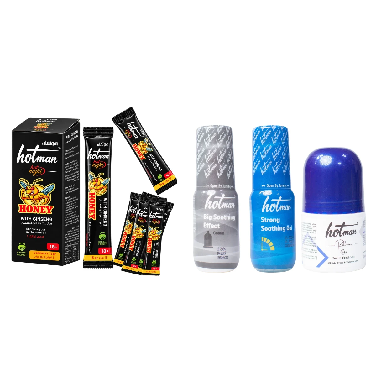 HotMan Ultimate Bundle – HotMan Honey with Korean Ginseng, Big Soothing Effect Cream, Strong Soothing Gel and HotMan Deodorant Roll-On